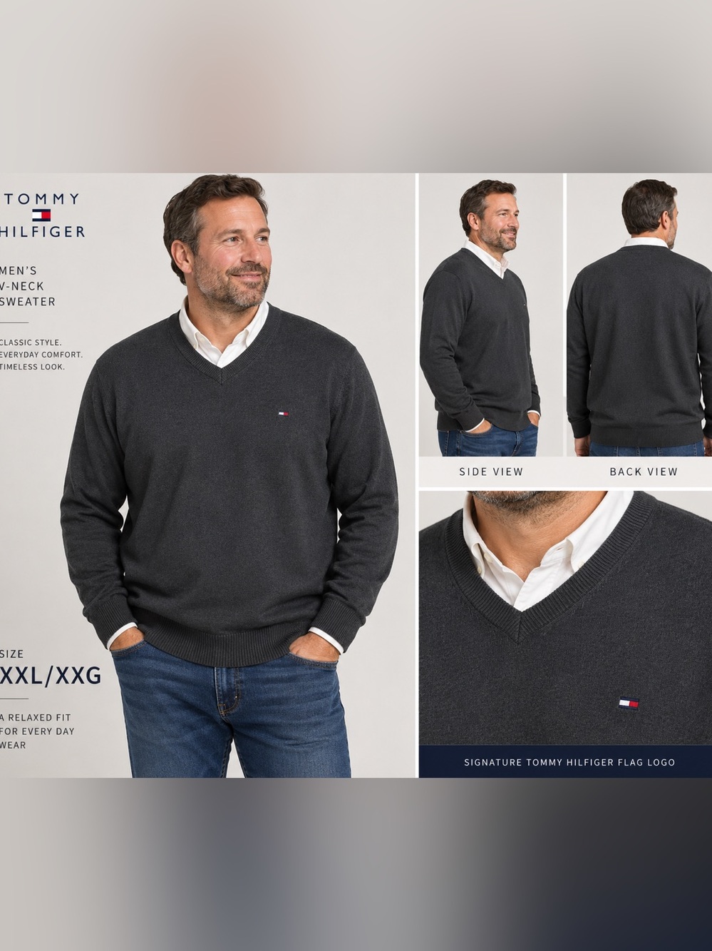 Tommy Hilfiger Men’s XXL/XXG Charcoal Gray V-Neck Sweater | Classic Knit